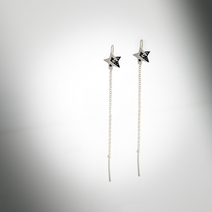Silver star stud earrings with chain